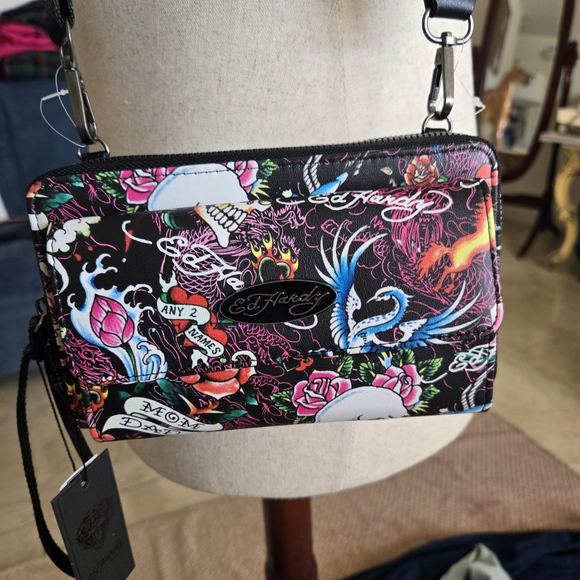 Ed Hardy Women's Crossbody Wallet Purse Wristlet Adjustable Strap Tattoo Y2k - Picture 3 of 9